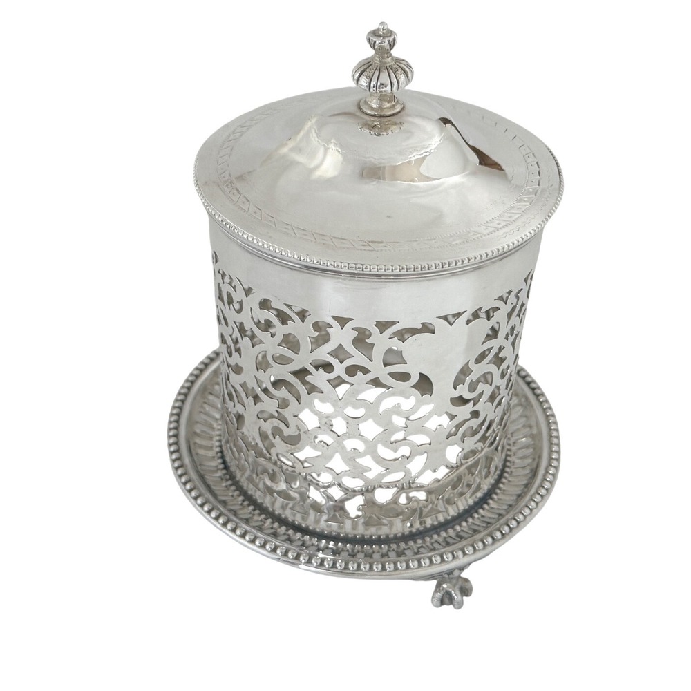 Antique Atkin Brothers Silver Plate Biscuit Barrel Frame Pierced Lantern 1890s